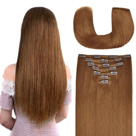 14 Inch Clip-in Hair Extensions Remy Human Hair for Women - Soft Handmade Real Human Hair Clip in Extensions, Straight, Thick, 115g 7pcs Chestnut Brown #8 Color