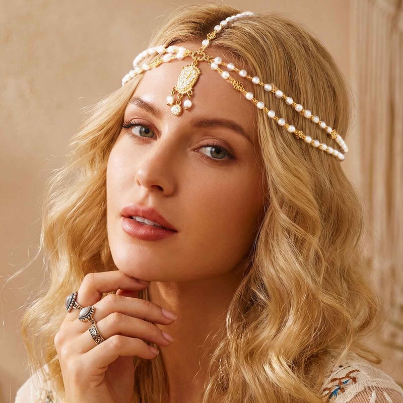 Yokawe Bohemian Beaded Head Chain,Turquoise Pearl Headpiece,Festival Hair Accessory (White)