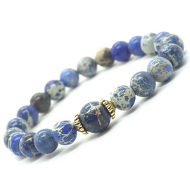 Damenarmband aus blauen imperialen Jaspisperlen und tibetischen Perlen aus goldenem Metall