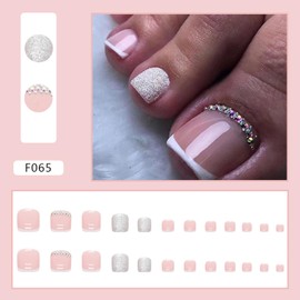 Summer Press on Toenails French Tip Silver Glitter Rhinestones Fake Toenails Glossy Short Square Acrylic Toe Nails Reusable Full Cover Toenails Tips for Women Girls DIY Charm Manicure