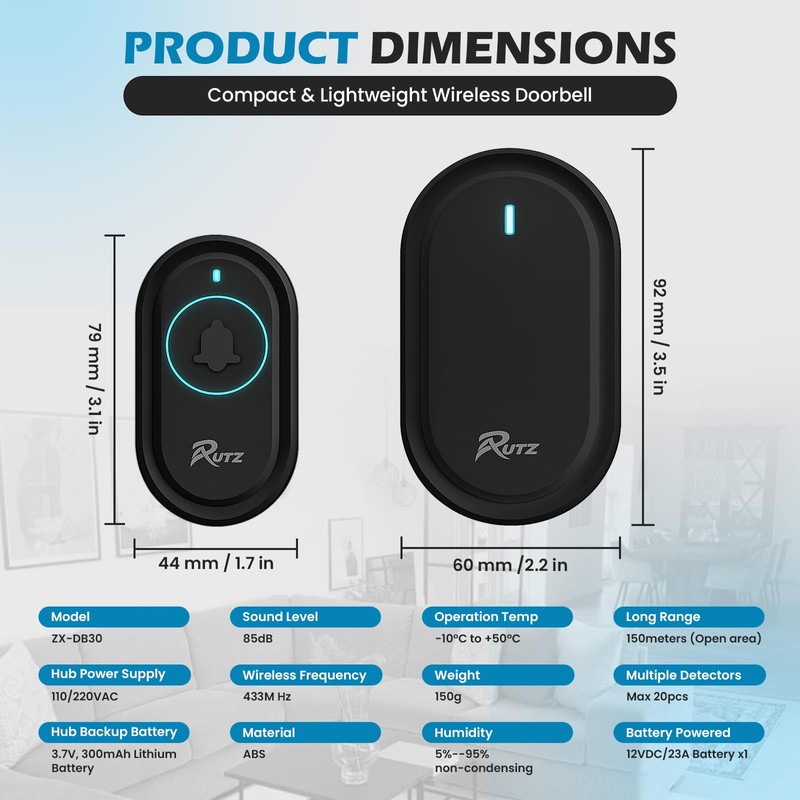 RUTZ® Wireless Doorbell, Waterproof Plug-in Door Bells Wireless Cordless Chime