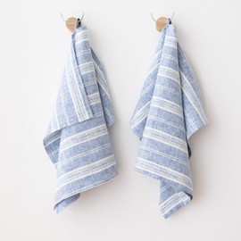 LinenMe Set of 2 Tea Towels Linen 100%, 46 x 65 cm Multistripe - Linen Towel with Hanger - Tea Towels & Kitchen Towels in Blue/White Stripes, Made in Lithuania