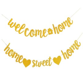 2 PACK Welcome Home Banner and Home Sweet Home Banner Flash Party Decorations,Home Party Sign Decors Family Party Housewarming Banner for Family Theme Party Supplies Decorations (Gold)