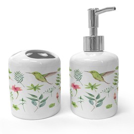 Ambesonne Hummingbird Soap Dispenser & Toothbrush Holder Set, Nature Spring Plant Herb Themed Isolated Leaves Twig Birds Demonstration, Ceramic Bathroom Toiletry Accessories, 2 Pcs, White Apple Green