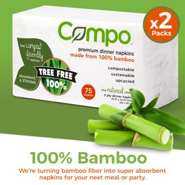Compo Compostable Premium Dinner Napkins & Bathroom Guest Towels, Extra Absorbent 2-Ply Tree Free White Paper Napkins, Chlorine-Free, Made of Bamboo, 75 Count (Pack of 2)