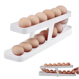 YaLiyA Egg Holder For Refrigerator Automatically Rolling Egg Storage Container Holds 12-14 Eggs 2 Tier Egg Container Storage Basket Rolling Holder for Kitchen Countertop Organizer (White)