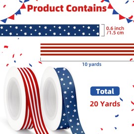 Red White and Blue Ribbon Patriotic Grosgrain Ribbon 4th of July Ribbons for Gift Wrapping 20 Yards Memorial Day Veterans Independence Day Striped Flag USA Ribbons for Crafts Decorations Supplies