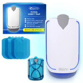 Zaperly 1 Fruit Fly Trap & 5 Adhesive Cartridges, Indoor Plug-in Bug Catcher, UV Light Fly Trap Captures Fruit Flies, Gnats, Houseflies, Moths, and Flying Insects for Kitchen, Bathroom, Plant Areas