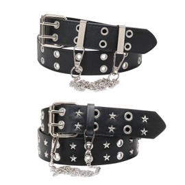 WQYILEAER 2 Pcs Studded Belt, Y2K Belt Star Belt Double Grommet Belt with Chain Goth Punk Rock for Women Men