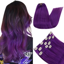 RUNATURE Clip-In Extensions Straight Purple 40 cm 70 g Remy Clip Real Hair Extensions Natural Colourful Hair Clip in 16 Inches