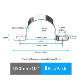 6 Pcs Heavy Duty U Shaped Pipe Brackets, 304 Stainless Steel Conduit Clamps with 2 Holes, Thickened Tube Strap Mounting Clips for Fence Panels, Pipes, Gas Lines(Silver, 50mm/2 Inch)