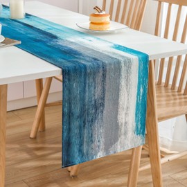 MAIXUN Table Runner Teal and Grey Linen Modern Oil Painting Abstract Art Table Runner Decorative Cloth for Home Decor, Room Decor, Spring, Summer, Weddings, Holidays