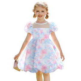 Arshiner Toddler Girls Dress Contrast Mesh Puff Short Sleeve Flowy Bubble Hem Mini Dress Tie Dye Organza Wedding Guest Dresses 2T