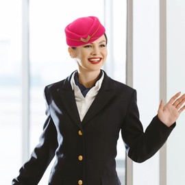 NUOBESTY Rosy Stewardess Bow Beret Hat Felt Flight Attendant Hat Vintage British Band Costume Hat Aeroplane Hostess Hat Uniform Cosplay Accessories for Women Party Decoration