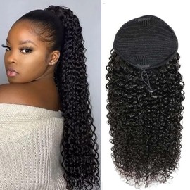 SAKALAKA Kinky Curly Long Ponytail Extension Human Hair with Drawstring Human Hair Ponytail for Women Real Human Hair Ponytail Extension Natural Color 22inch