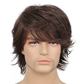 Brrnoo Men's Synthetic Wig Short Wig with Long Adjustable Bangs Brown Fiber Straight Casual 8.66 Inches
