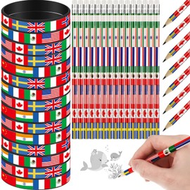 Ctosree 60 Pcs International World Flags Pencils with Eraser and Bracelets American British France China India Flag Geography Learning Tool International Day of Education Gift Back to School