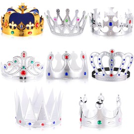 8 Pcs Royal King Crown for Kids Plastic Queen Prince Princess Crown Jeweled Costume Accessory Prom Crown for Adult Boy Girl (Silver)