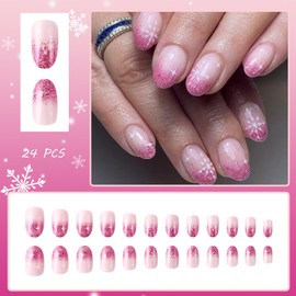 24 PCS Press on Nails Christmas Fake Nails Snowflake Fake Nails Blush Gradient Fake Nails Short Fake Nails Gifts for Women and Girls (No.74)