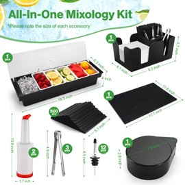 Bartending Supplies - 18" x 12" Bar Mat Garnish Tray with Lid Bar Caddy 3 Tier Bar Glass Rimmer, 2 Plastic Juice Pour Bottles 3 Mini Tongs 12 Classic Liquor Bottle Pourers 500 Cocktail Straws(Black)