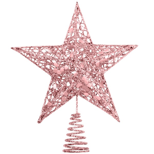 URATOT Glittered Christmas Tree Topper Metal Christmas Treetop Hallow Wire Star Topper for Christmas Home Decoration (8 inches, Rose Gold)