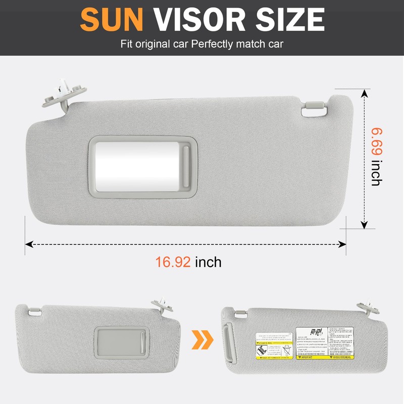 Left Driver Side Gray Sun Visor with Vanity Light Fit