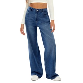 HDLTE Women Wide Leg Jeans High Waist Baggy Jeans Loose Boyfriend Jeans Denim Pants Y2K 90s Deep Blue
