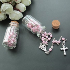 Baptism Favor (12PCS) Holy Communion Rosary in Glass Bottle Jar Recuerdos De Bautizo Quinceanera Pink Pearl Christening Recuerdos para Primera Comunion Niña Quinceanera/Gift for Guests