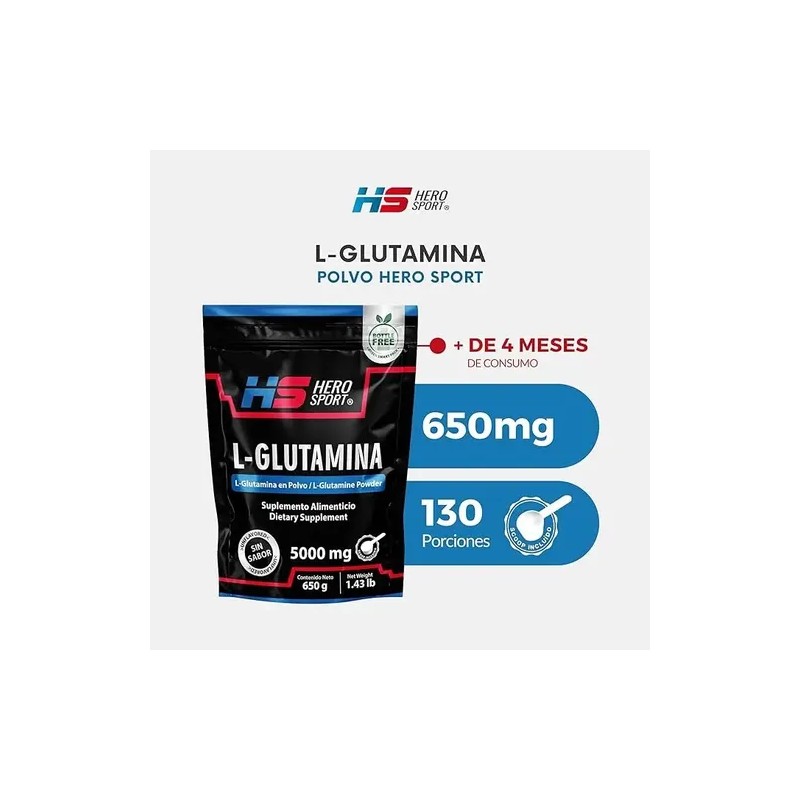 Glutamina Polvo 650 Gr 130 Servicios, Sin Sabor Hero Sport