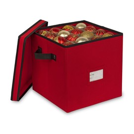 ProPik 64 Christmas Ornament Storage Box, 4 Tier Holds Up to 64 Ornaments Accessories Balls, Holiday Decorations Storage Container with Dividers, Made with Durable 600D Oxford Polyester Material (Red)