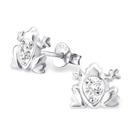 Monkimau Girls' Frog Stud Earrings 925 Sterling Silver with 10 Crystals, Sterling Silver, Crystal