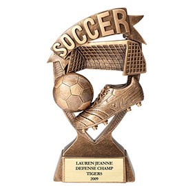 SHOP AWARDS AND GIFTS Customizable 7 Inch Antique Gold Finish Resin Soccer Banner Trophy, Includes Personalization