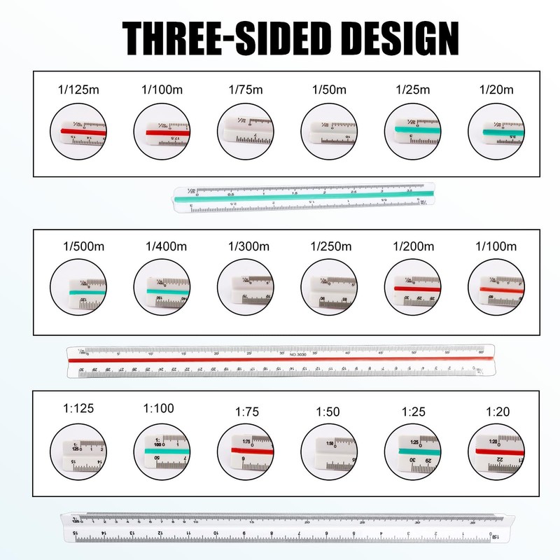 Set of 3 Triangular Scale Ruler, Architecture Ruler, Triangular, 1:20,