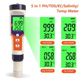 GISNPA 5 in 1 PH/TDS/EC/Salt/Temp Meter, 0.01 High Accuracy PH Meter for Water, Digital Salinity Meter and PH Tester for Drinking Water, Hydroponics, Aquarium and Swimming Pool
