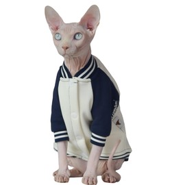 DUOMASUMI Fashion Warm Soft Thick Cat Winter Clothing, Soft Baseball Style Shirt for Sphynx, Devon, Cornish, Kitten, Hairless, Abyssinian, Small Cats (White, X-Large)