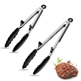 Silicone Tongs for Air Fryer, 2 Pack, Black Color, Premium Silicone BPA Free Non-Stick Stainless Steel Locking Food Tongs, 9-Inch and 12-Inch