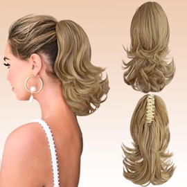 Webshaiy 12" Short Ponytail Extension, Claw Clip in Ponytail Hair Extensions Natural Curly Wavy Synthetic Fake Pony Tail Hair Pieces for Women Daily Use Ash Blonde