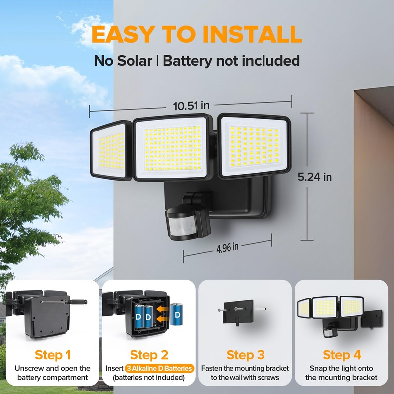 UME Battery Powered Motion Sensor Outdoor Lights 302 LED 1800LM,