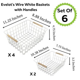 Evelots Wire Storage Baskets with Wood Handles-Pack of 6-Kitchen Cabinet, Pantry Shelf Organization, or Bathroom Metal Basket-Refrigerator/Freezer Organizer Bins-White