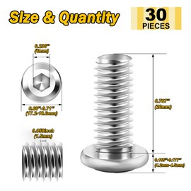 Mywish M10 x 20mm 30Pcs Silver Flat Head Hex Socket Cap Screws Bolts, 304 Stainless Steel Furniture Bolts Full Thread & Hex Spanner