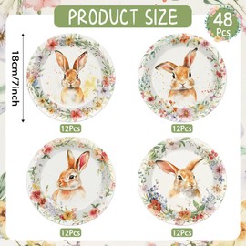 Justforjoyful 48PCS Easter Paper Plates 7Inch, Happy Easter Party Supplies Vintage Bunny Dessert Plates Disposable Floral Rabbit Dinnerware for Spring Baby Shower Wedding Birthday Party Decor