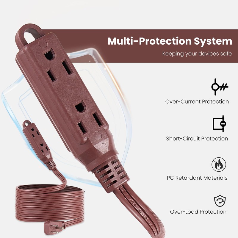 HONDERSON 3-Outlets Flat Plug Extension Cord Outlet Extender, UL Listed,