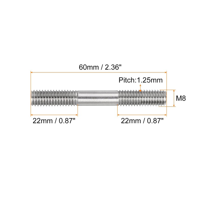 sourcing map 25Pcs M8x60mm 304 Stainless Steel Double End Threaded