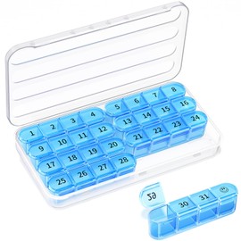 Colorwing Tablettenbox Monat 31 Tage, Pillendose 1 Monat, 30 Tage Monatliche Pillenbox, Medikamentenbox mit 32 Fächern für tägliche Einnahmen, Geeignet für Zuhause und Reisen (Blau)