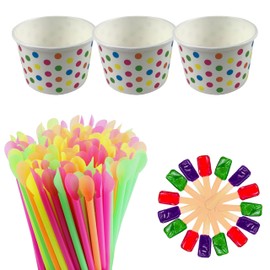 105 Piece Multi-Colored Snow Cone/Shaved Ice Kit - Includes 25 Rainbow Polka Dot Cups, 25 Candy Spoons, and 50 Neon Straws - Perfect for Birthdays, Sporting Events, Concerts, Festivals