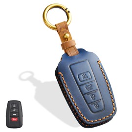 Aoocar 4 Button Genuine Leather Key Fob Cover, for Toyota RAV4 Camry Corolla Avalon C-HR Prius 4Runner Highlander Mirai 2018 2019 2020 2021 2022(Blue)