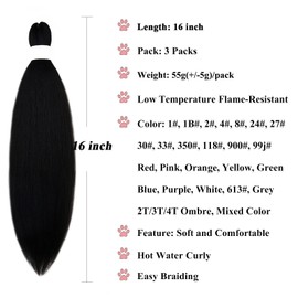 Ai Yuchen Short 1b Black Braiding Hair Pre Stretched Kids Braiding Hair Extensions for Braiding Box Braids Knotless Prestretched Braiding Hair 16 Inch