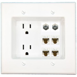 RiteAV Recessed Duplex Receptacle Outlet 4 CAT6 2 Coax Wall Plate White