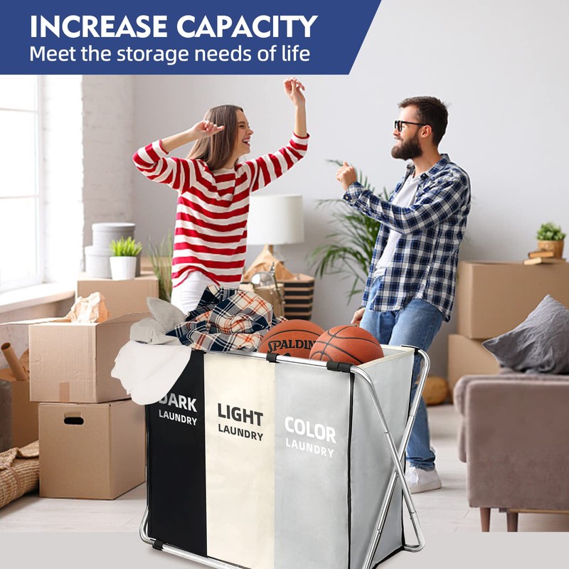 180L Laundry Basket Sorter, Large 3 Section Collapsible Laundry Hamper