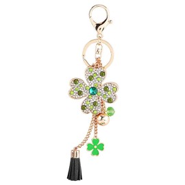 Lucky Four-Leaf Clover with Tassel Keychain Car Keyring Crystal Rhinestone Women Purse Pendant Handbag Charm, Good Luck Gifts(Green)